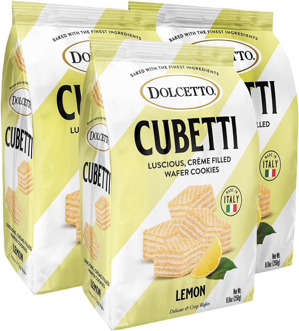 Cubetti Wafer Cookies, Lemon Flavor, 8.8 Ounce (Pack of 3), Cream Filled Bite Sized Crispy Wafer Cookies, Made in Italy, Halal