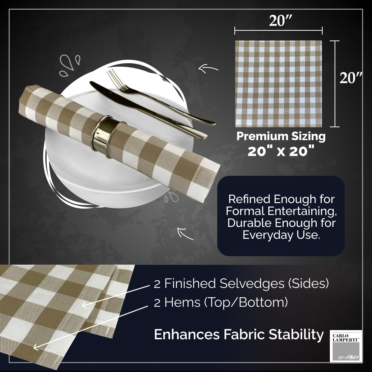 Premium European Cloth Napkins - 100% Cotton Table Linen Fabric Gingham Check Design for Picnics, Indoor, Outdoor Event or Everyday Use - Carlo Lamperti Italy - Taupe Plaid, 20"x20" (Set of 4)