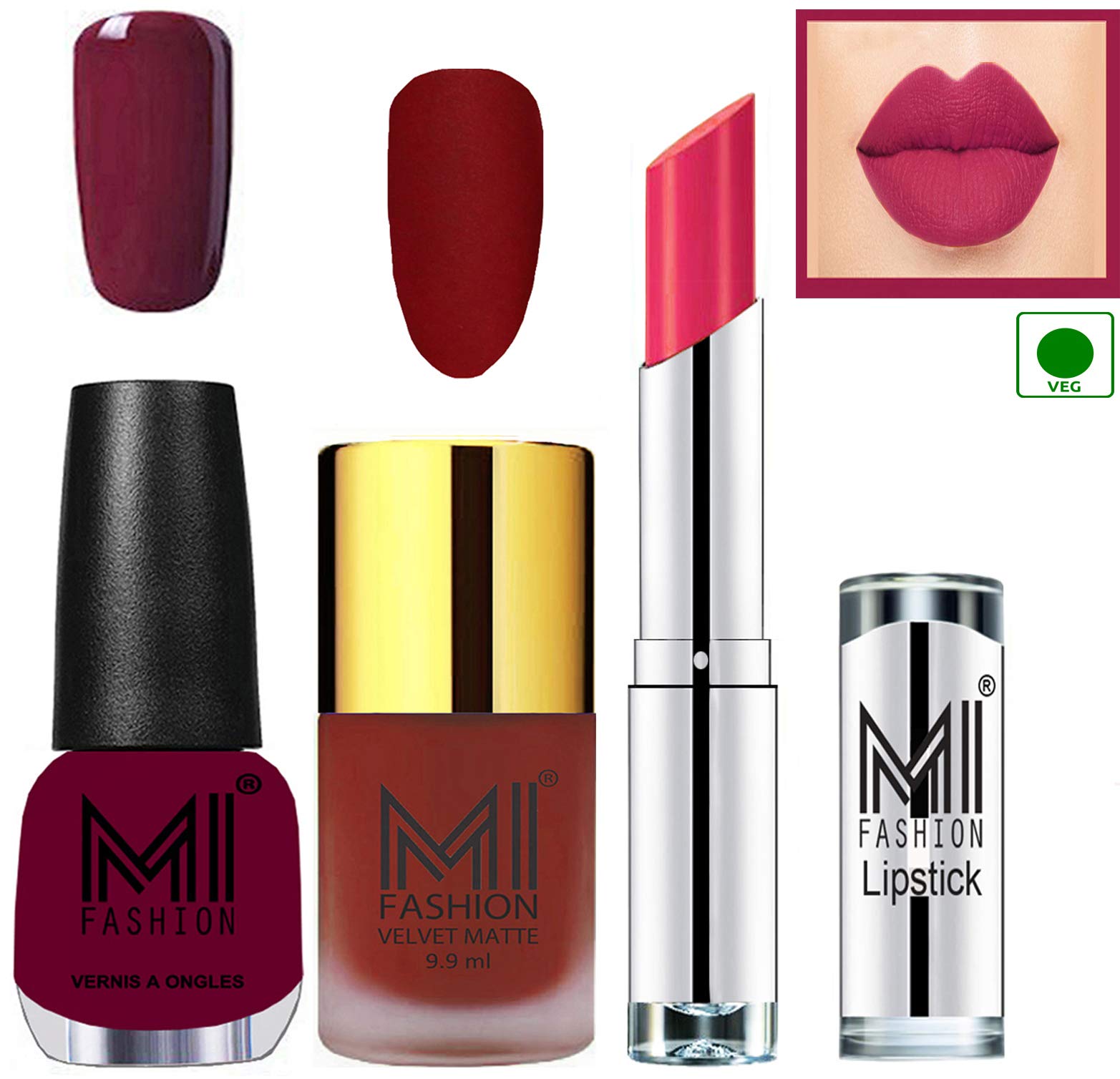 MI Fashion Nail Polish and Lipstick Combo - Red Matte,Deep Red Shine and Magenta
