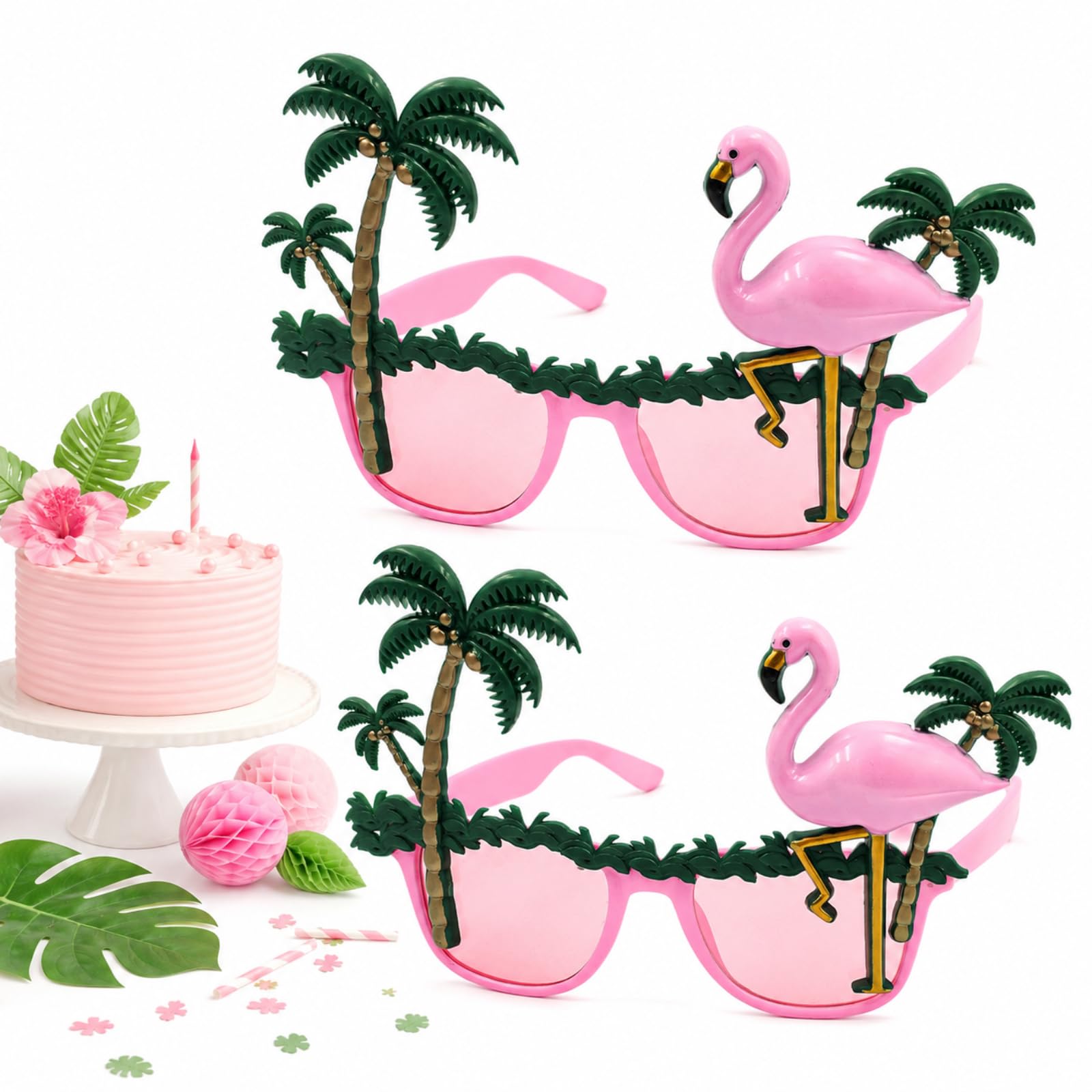 Parspetil 2 Pack Tropical Flamingo Palm Tree Party Sunglasses,Pink Frame Novelty Hawaiian Luau Eyeglasses,Funny Fancy Dress Costume Glasses Accessory for Adult Beach Themed Party Supplies