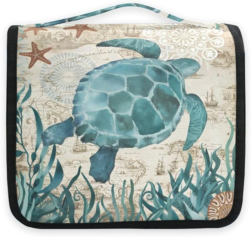 Necessaire de viagem suspensa senya com divisórias e gancho, estampa Sea Lives Turtle Coral, 1 unidade