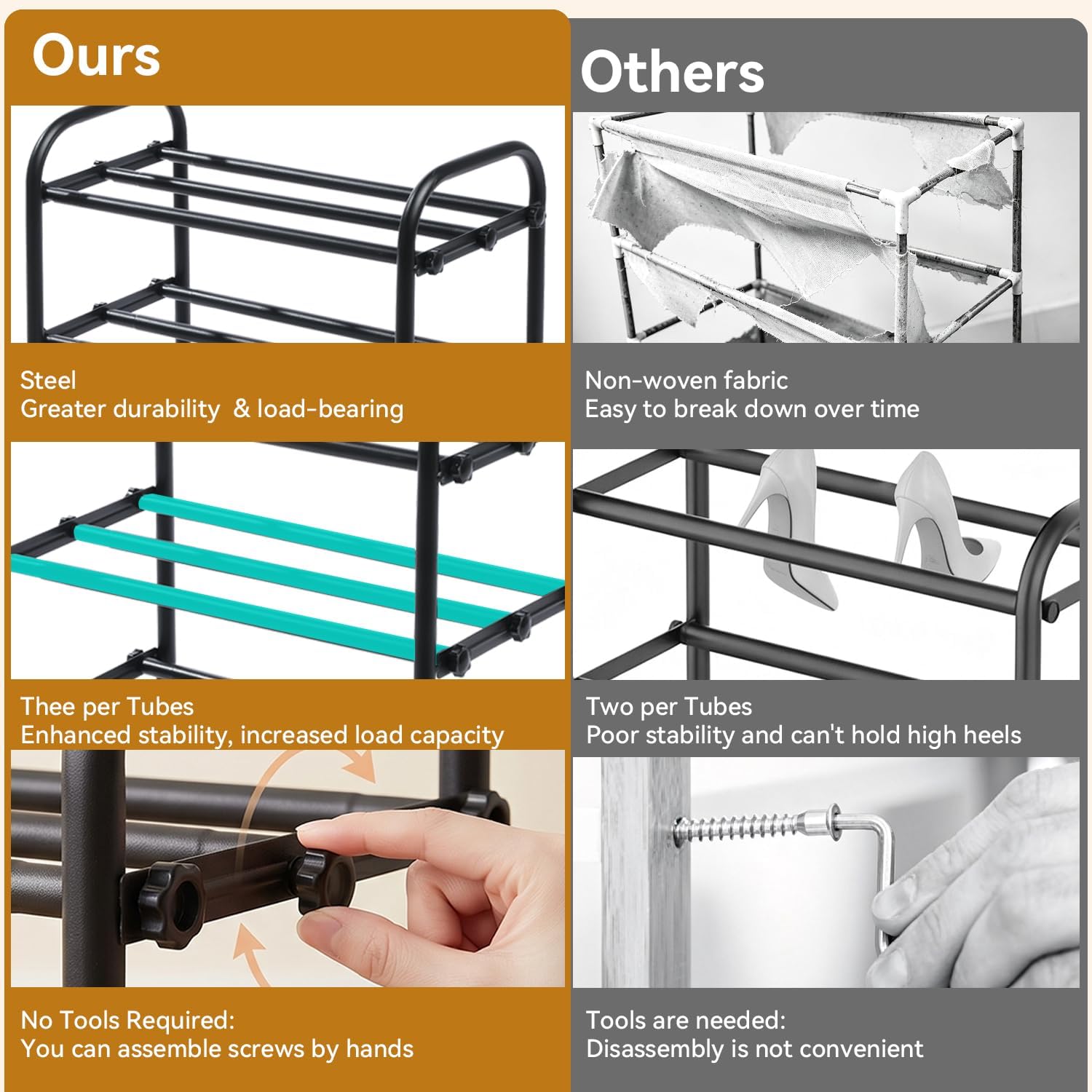 3-Tier Expandable Shoe Rack for Closet, 17.7" - 32.2" Adjustable Shoe Shelf