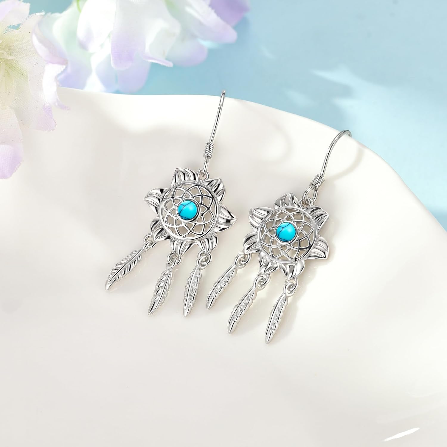 Feather Earrings 925 Sterling Silver Dream Catcher Earrings Turquoise Pendant Western Jewelry Turquoise Jewelry Gifts for Women - Image 5