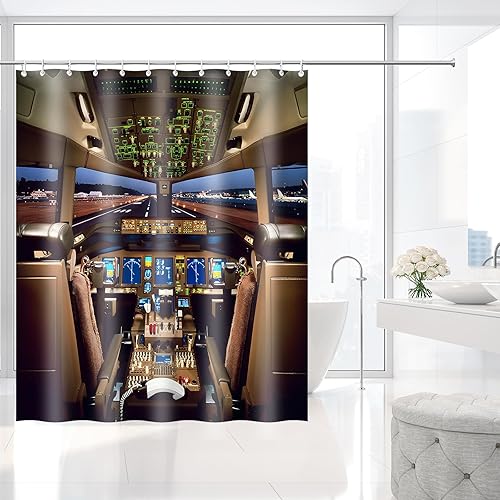 Miniatura 6 de Cortina de ducha de tela de 72 x 72 pulgadas con ganchos de primera calidad, impermeable y lavable para baño, diseño de cabina de avión Boeing 777