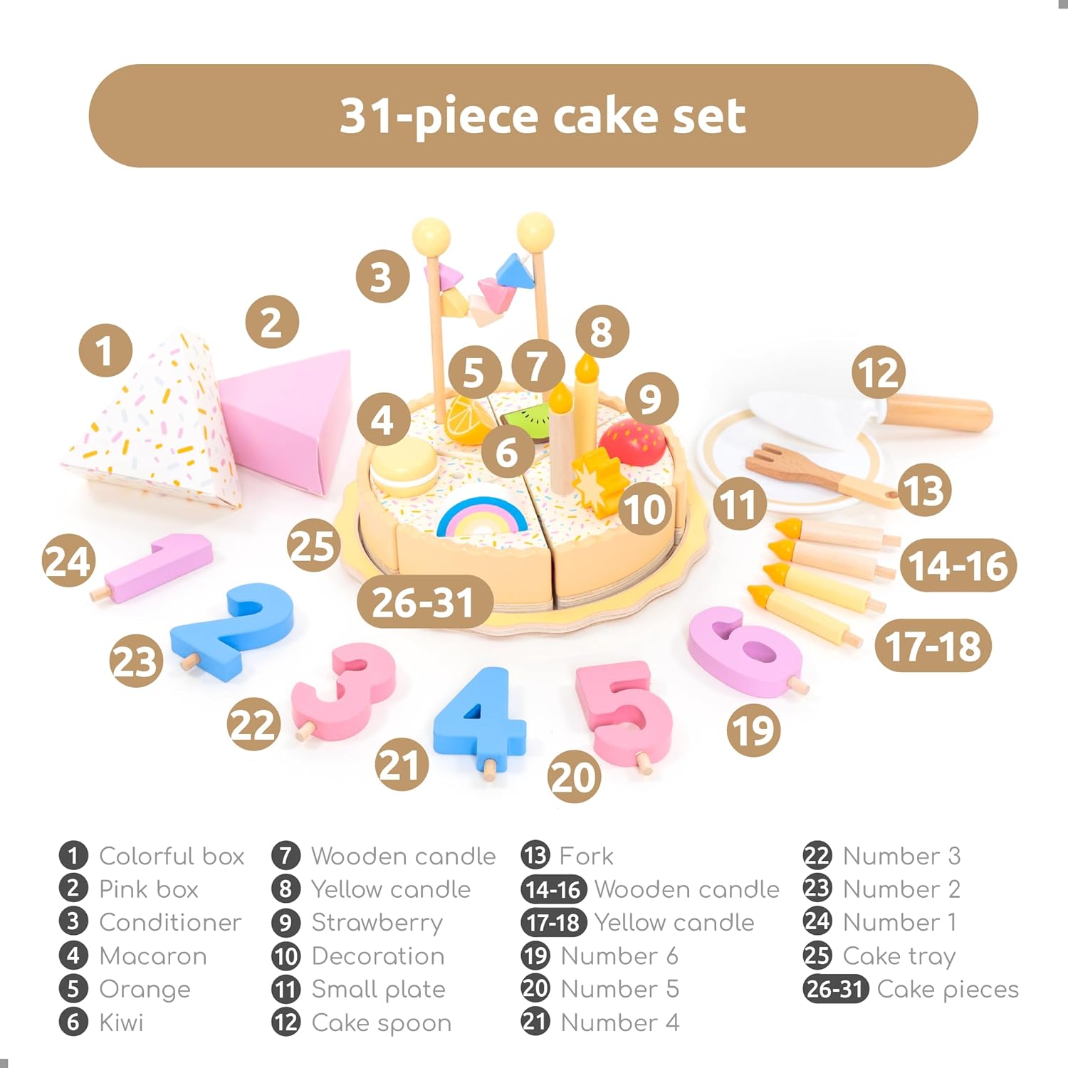 UMU® Wooden Birthday Cake Playset – Pretend Kitchen Toy with Candles Numbers Fruits & Toppings – Wooden Play Food for Kids Ages 3 4 5 – Role Play Party Toy for Girls & Boys