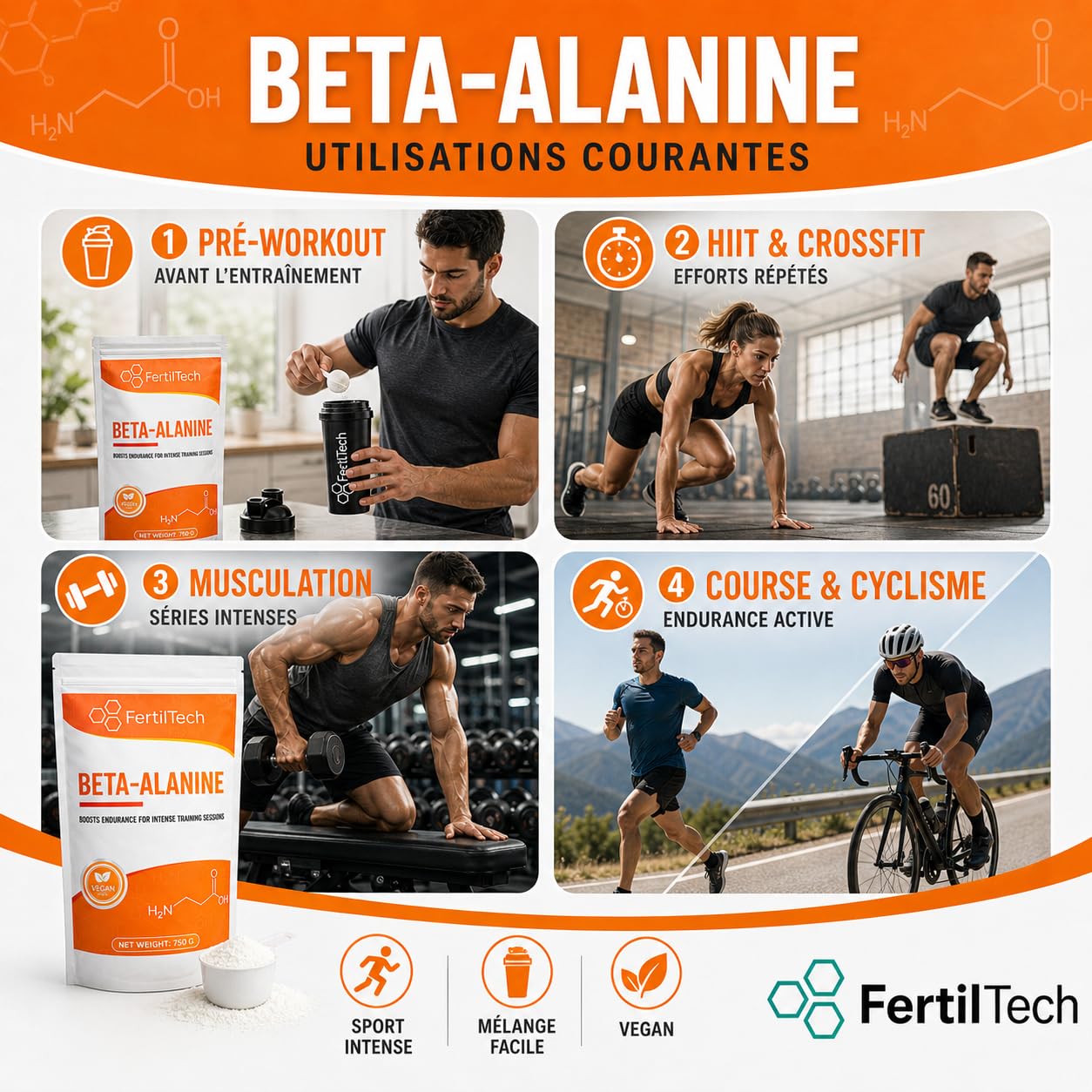 Bêta-Alanine en Poudre 1,2 kg (1200 g) – 400 Portions (1 An) – Format Longue Durée – Pureté ≥ 99% – Haute Qualité – Sans Additifs – Sans Arôme – Vegan – Sans OGM – Conditionnée en France