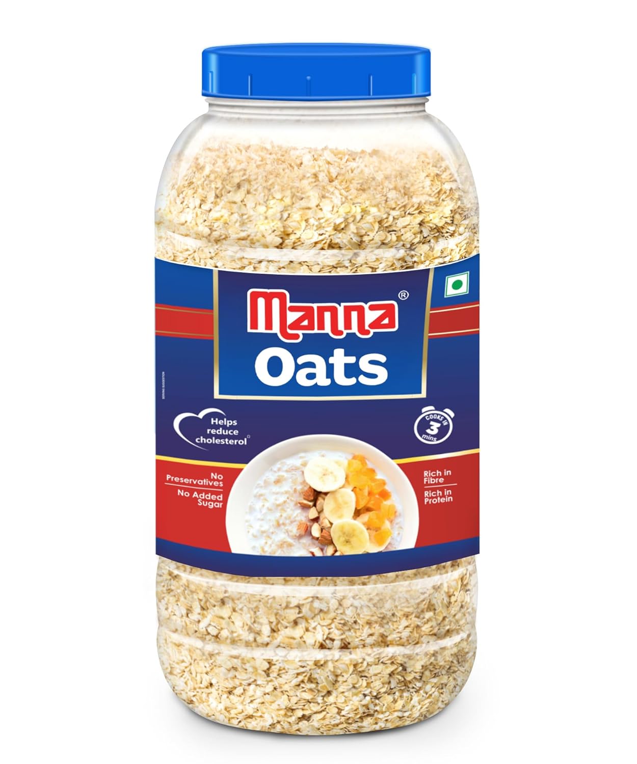 Manna Oats (1kg Jar) - Gluten Free Steel Cut Rolled Oats. High in Fibre & Protein. Helps Maintain Cholesterol. Good for Diabetics. Natural.