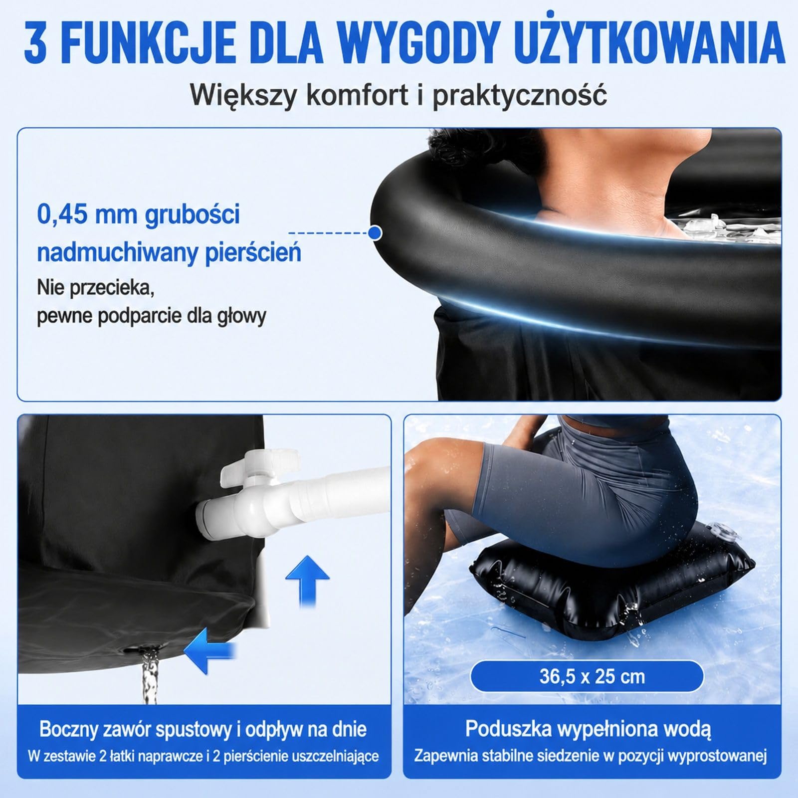 Nadmuchiwana wanna lodowa 330 L, czarna okrągła składana wanna z pokrywą do domu i na zewnątrz