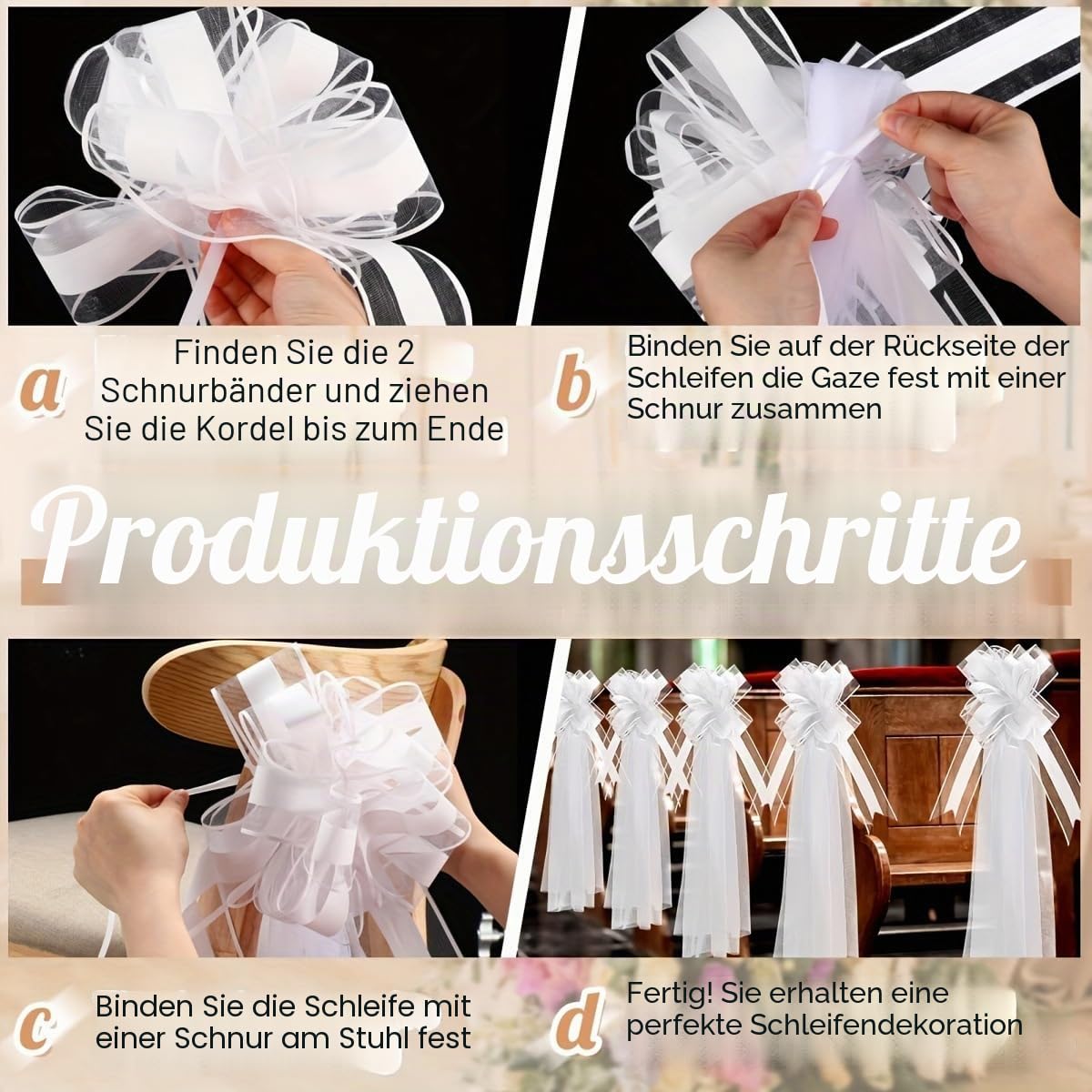 12er-Set Hochzeitsschleifen mit Tüllschwänzen Weiß Lange Stuhlschleifen Tüll Hochzeitsgang Dekorationen Kirchenbänke Geschenkschleife Hochzeitsdeko Autoschleifen Große Schleife für Brautparty
