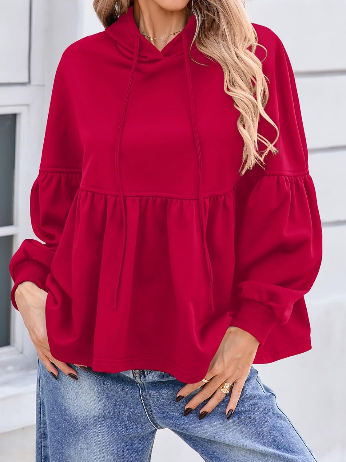 Womens Oversized Hoodies Sweatshirts Casual Lantern Sleeve Peplum Tops Drawstring Loose Hooded Pullover Workout Top - Image 6