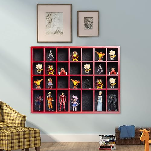 Miniatura 17 de Vitrina negra de 18 x 13 pulgadas, madera maciza montada en la pared, 28 ranuras, estante pequeño para gabinete Curio (sin puerta)