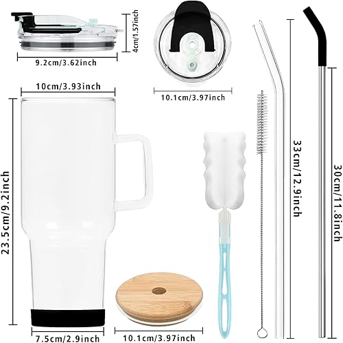 Miniatura 2 de Vaso de vidrio con tapa y popotes, taza de vidrio de gran capacidad de 40 onzas con asa, vasos para beber con posavasos de silicona, taza de agua de