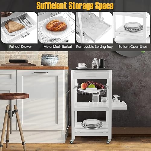 Miniatura 7 de MEDIMALL Carrito pequeño para isla de cocina, estante de almacenamiento de microondas de 4 niveles con encimera de acero inoxidable, cesta de