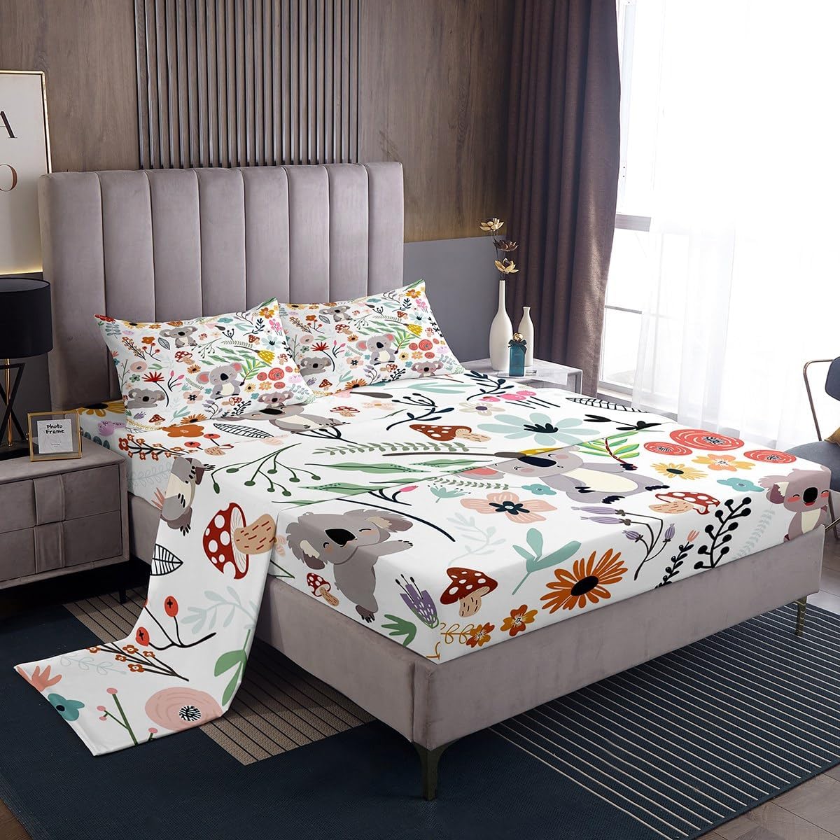 Erosebridal Kawaii Sea Turtle Full Sheet Set for Boys,Mushroom Floral Sheets Cartoon Animal Bed Sheets Set for Girls Kids Children,Watercolor Flowers Leaves Toddler Bed Set Cute Room Decor
