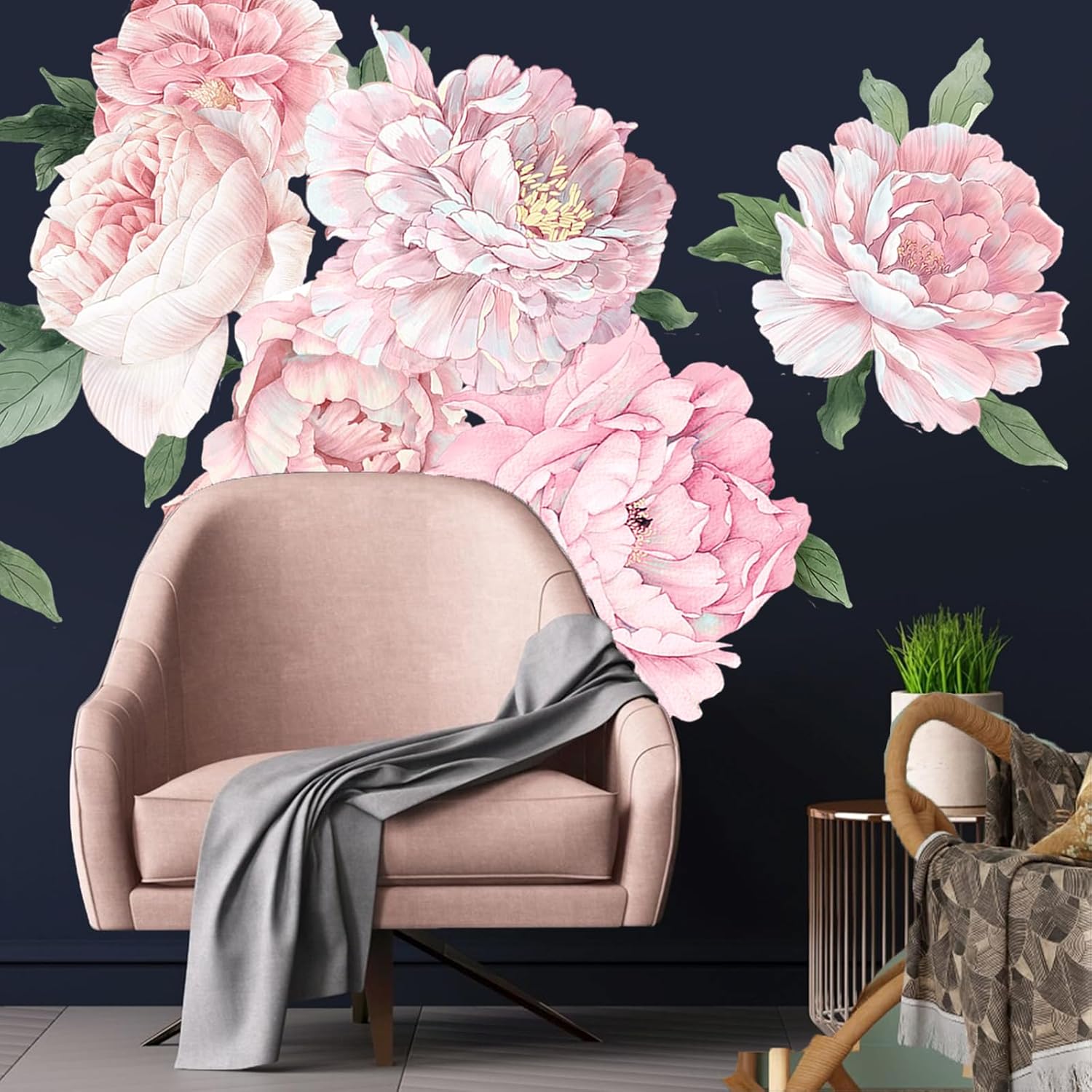 Large Pink and White Peony Wall Decals, Elegant Floral Stickers for Living Room Decor, Watercolor Vinyl Art for Bedroom, Master Bedroom & Home Decor