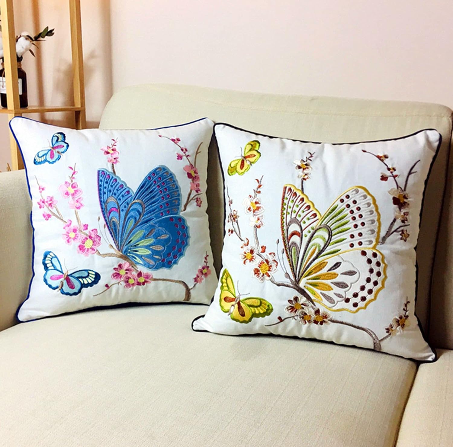 Decorative Throw Pillow Covers Embroidery Pillowcase Cotton Canvas Square 18 Inches Cushion Cases Set of 2