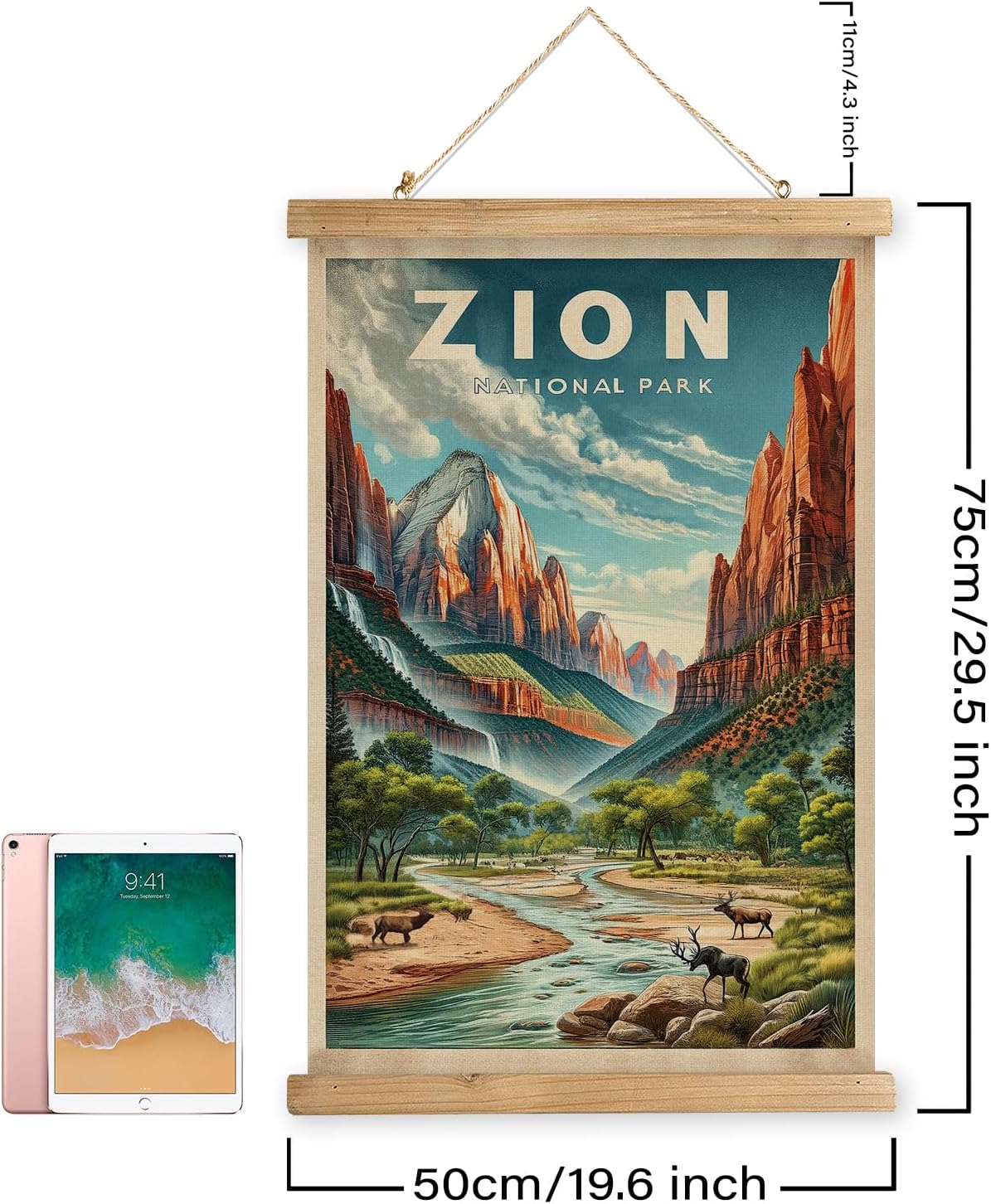 XIAOAIKA Vintage Zion National Park Travel Poster with Wooden Scroll Frame – Holiday Decoration or Gift for Living Room, Bedroom, Office Wall Decor, Retro Art Print 20 x 30 Inches