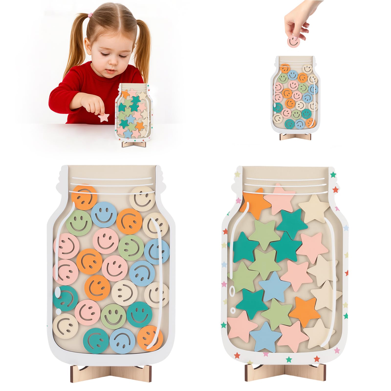 YELKOEYN 2 Stück Belohnungsglas Kinder - Acryl-Glas-Dose Belohnungssystem Grundschule mit 25 Holz Sternen, für Kindertagsgeschenk, Klassenzimmer, Belohnungstafel System Motivationsglas