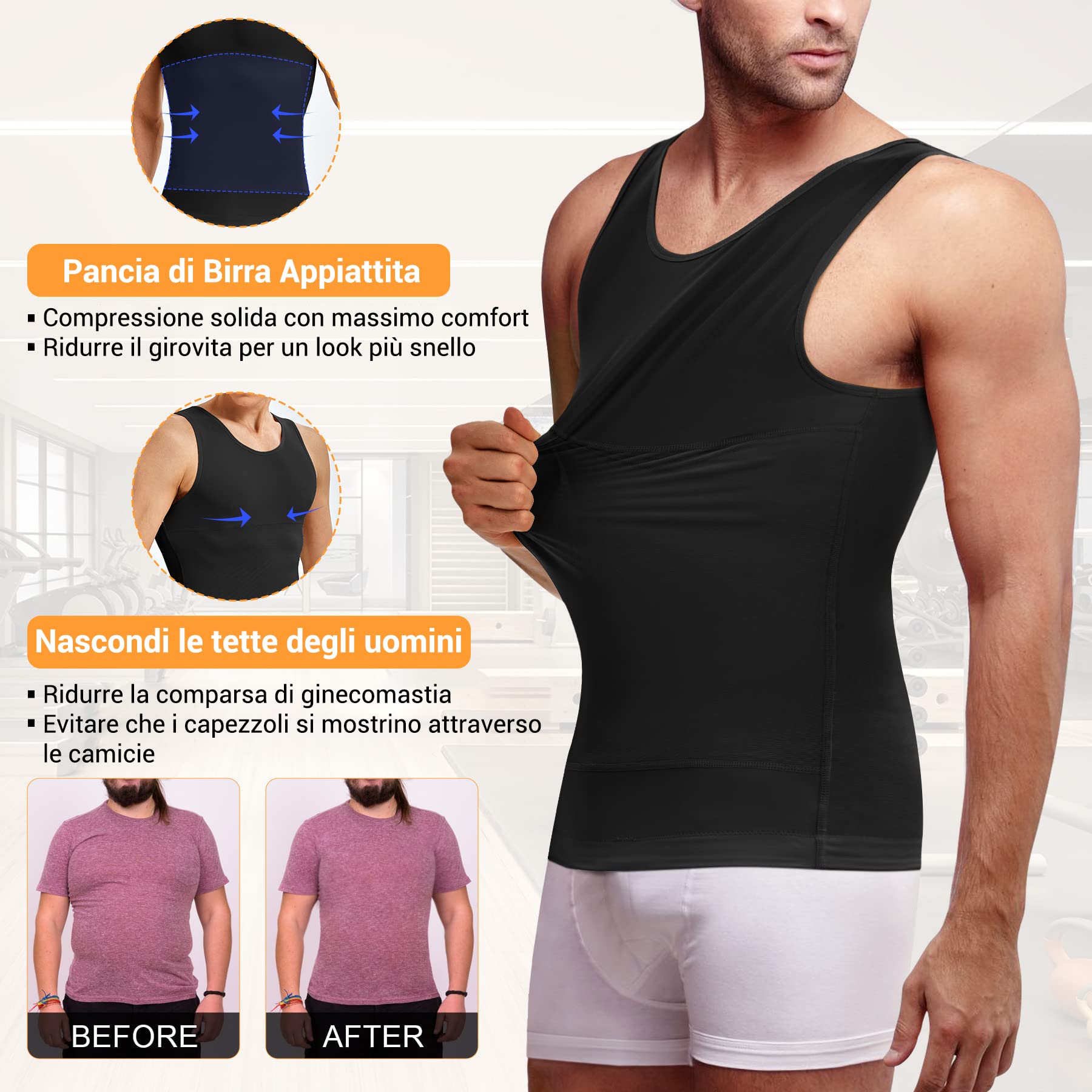Junlan Compressione Uomo Shapewear Canotta Contenitiva Snellente Intimo Modellante Dimagrante Fascia Pancia Sportivo Fitness CanottieraFascia Addominale Maglietta