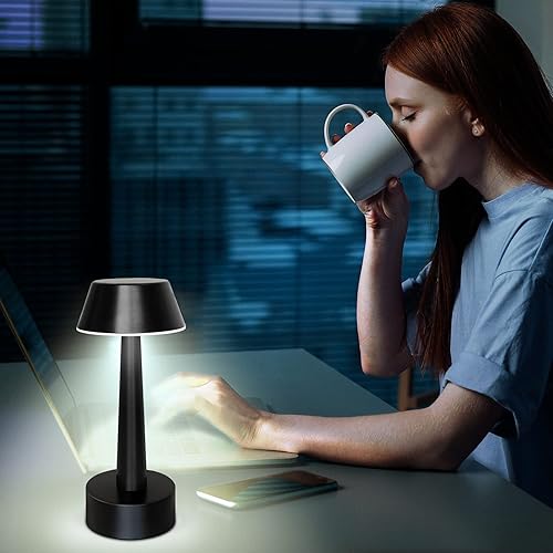 Miniatura 9 de Egobasic Lámpara de mesa pequeña recargable inalámbrica portátil, funciona con pilas, táctil, de 3 vías, regulable, de metal, para dormitorio,