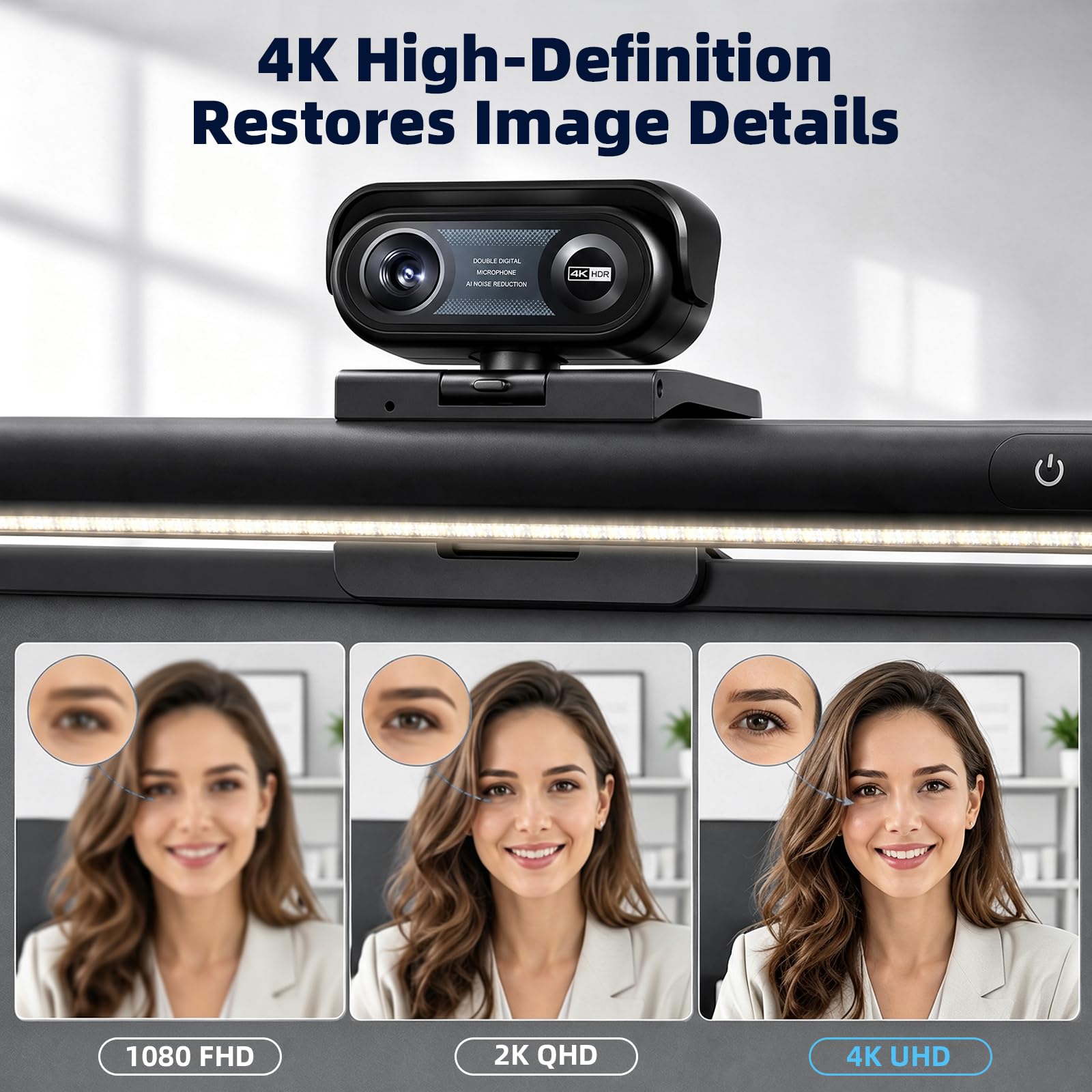 Webcam 4 en 1 4K con micrófonos y altavoces estéreo, luz de pantalla