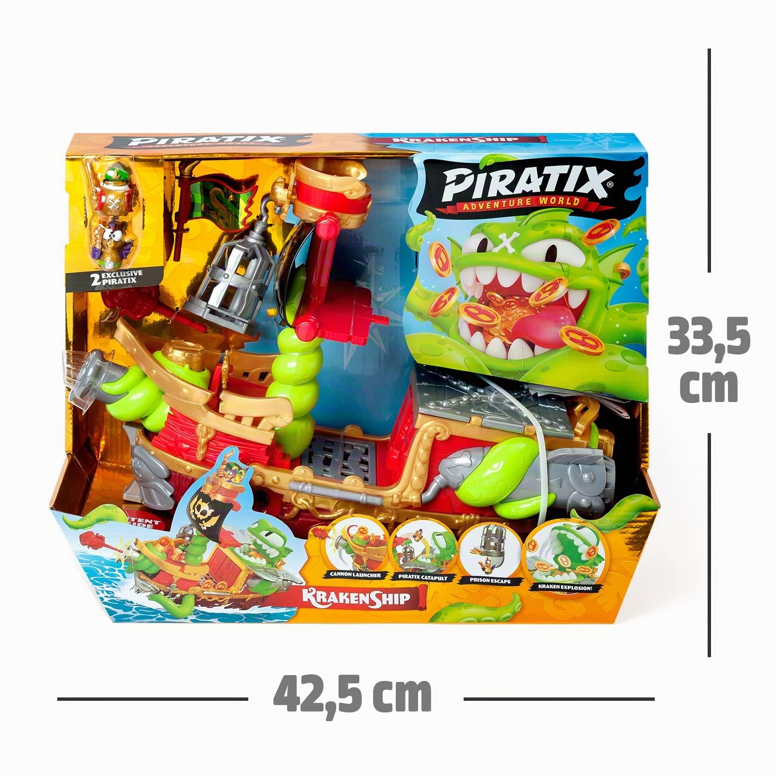 PIRATIX Le Bateau Kraken - Contient 1 Bateau Kraken, 2 Piratix & Accessoires exclusifs, 1 Projectile de Canon, 1 trésor Exclusif, 6 trésors dorés, 1 Drapeau Exclusif, 1 épée, 1 Ancre et 1 Prison.