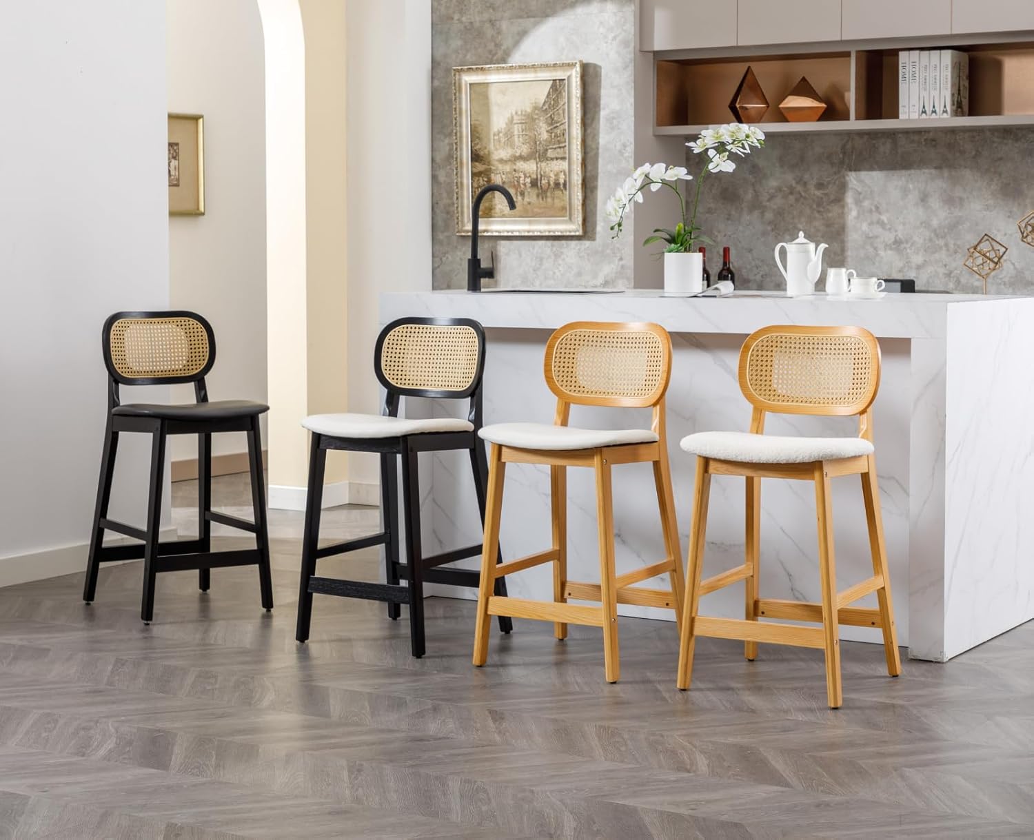 Shunzhi Rattan Counter Height Bar Stools Set of 2 Wood Farmhouse Barstools with Cane Back Boho Sherpa Kitchen Island Chairs Upholstered Bar Chairs for Pub/Home Bar, 26Inch, Cream