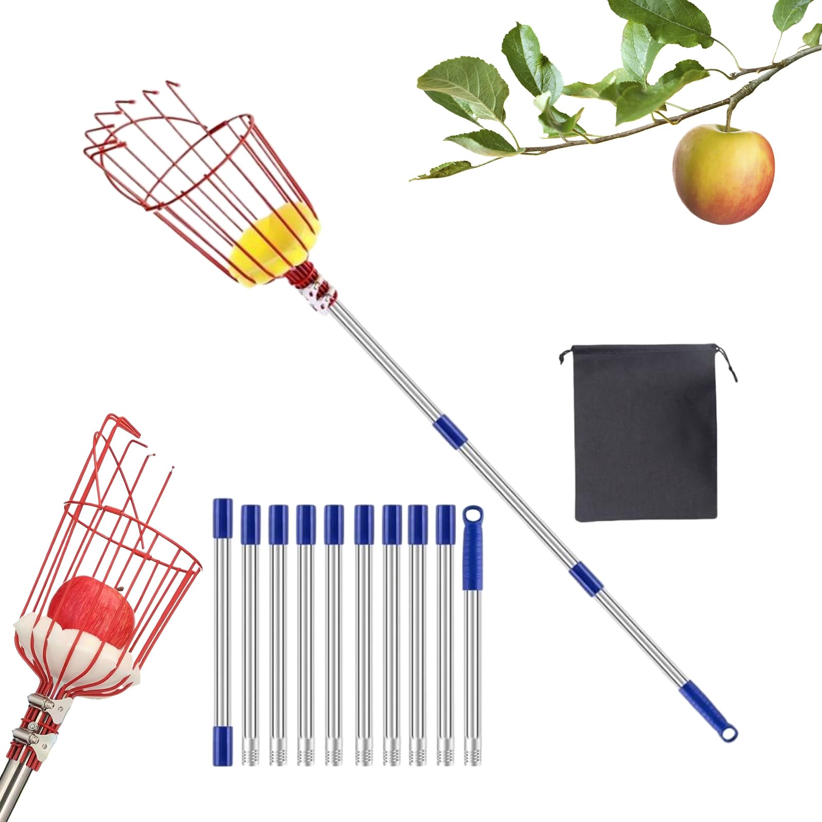 Perche Cueille-Fruits Télescopique avec Panier Portable