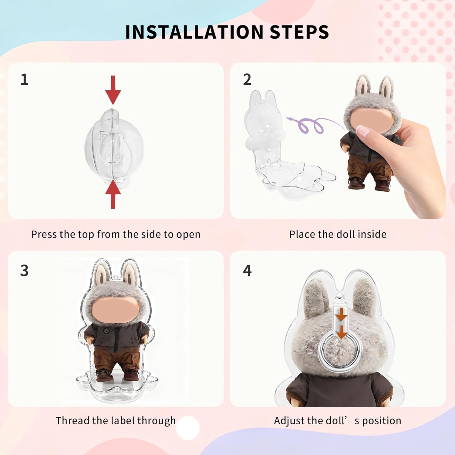 4 Piece Protective Case Compatible with LABUBU Doll, Crystal Clear Hard Display Box with Keychain, Collectible Outdoor Display Cases and Fashionable Backpack Accessories（Doll Not Included）