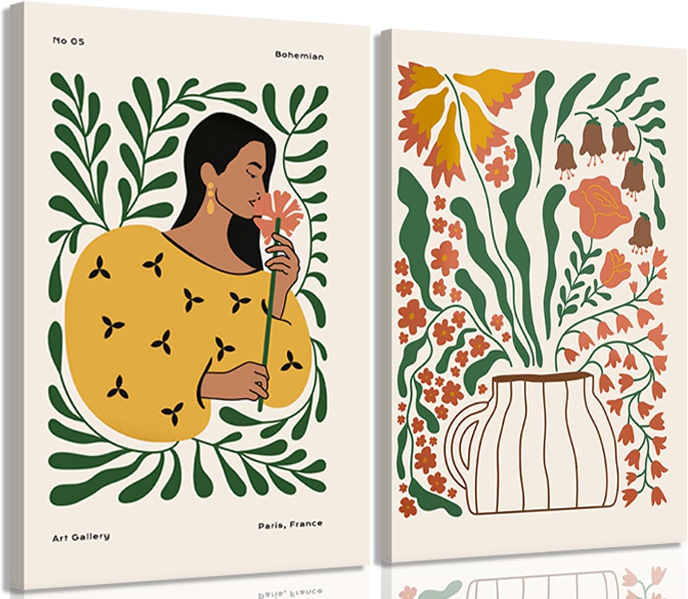 Kyiyhzp 2pcs Boho Floral Canvas Wall Art Black Girl Flowers Wall Decor Pictures Abstract Plant Prints Painting Artwork for gallery living room bedroom Wall Decoration 12x16in