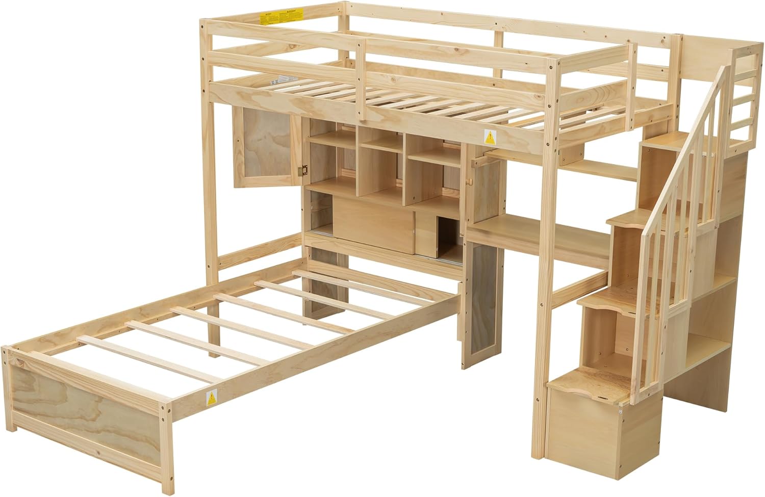 bersudut view of the bunk bed frame without mattresses, showing the internal structure and slat system