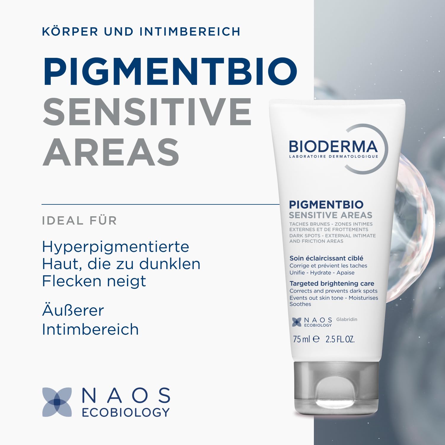 BIODERMA Pigmentbio Sensitive Areas - aufhellende Pflege für empfindliche Stellen - ideal für Knie, Ellenbogen, Achseln, Oberschenkel und Leistengegend - spendet Feuchtigkeit und beruhigt - Tube 75 ml