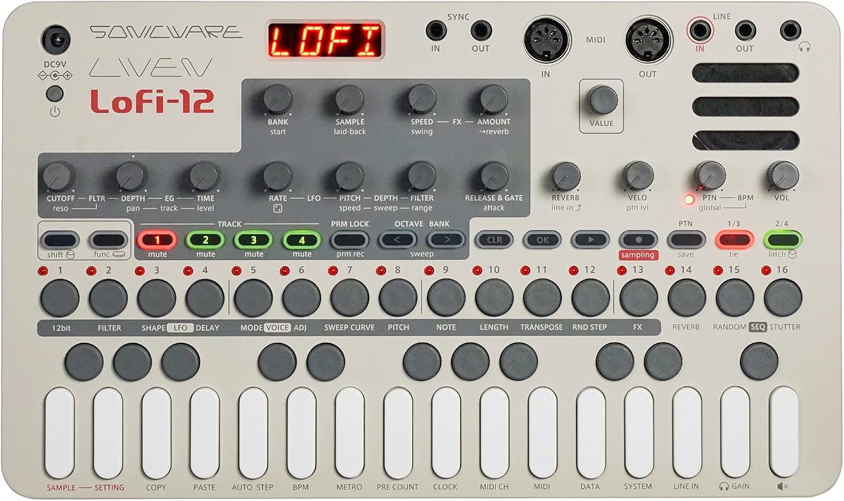 Sonicware Liven Lofi-12 [Lo-fi Groovebox & Sampler] Retro sampling with 12bit Sampler mode, 4-track step sequencer, 10 voices, 12 Track Effects + 9 Master Effect, Battery-powered, Built-in speaker