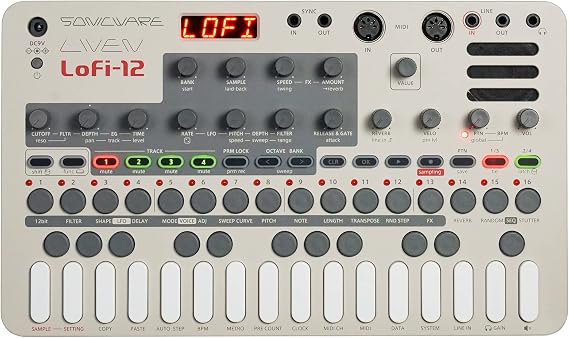 Sonicware Liven Lofi-12 [Lo-fi Groovebox & Sampler] أخذ عينات ريترو مع وضع عينات 12 بت ، تسلسل خطوة 4 مسارات ، 10 أصوات ، 12 تأثيرات مسار + 9 تأثير رئيسي ، يعمل بالبطارية, مكبر صوت مدمج