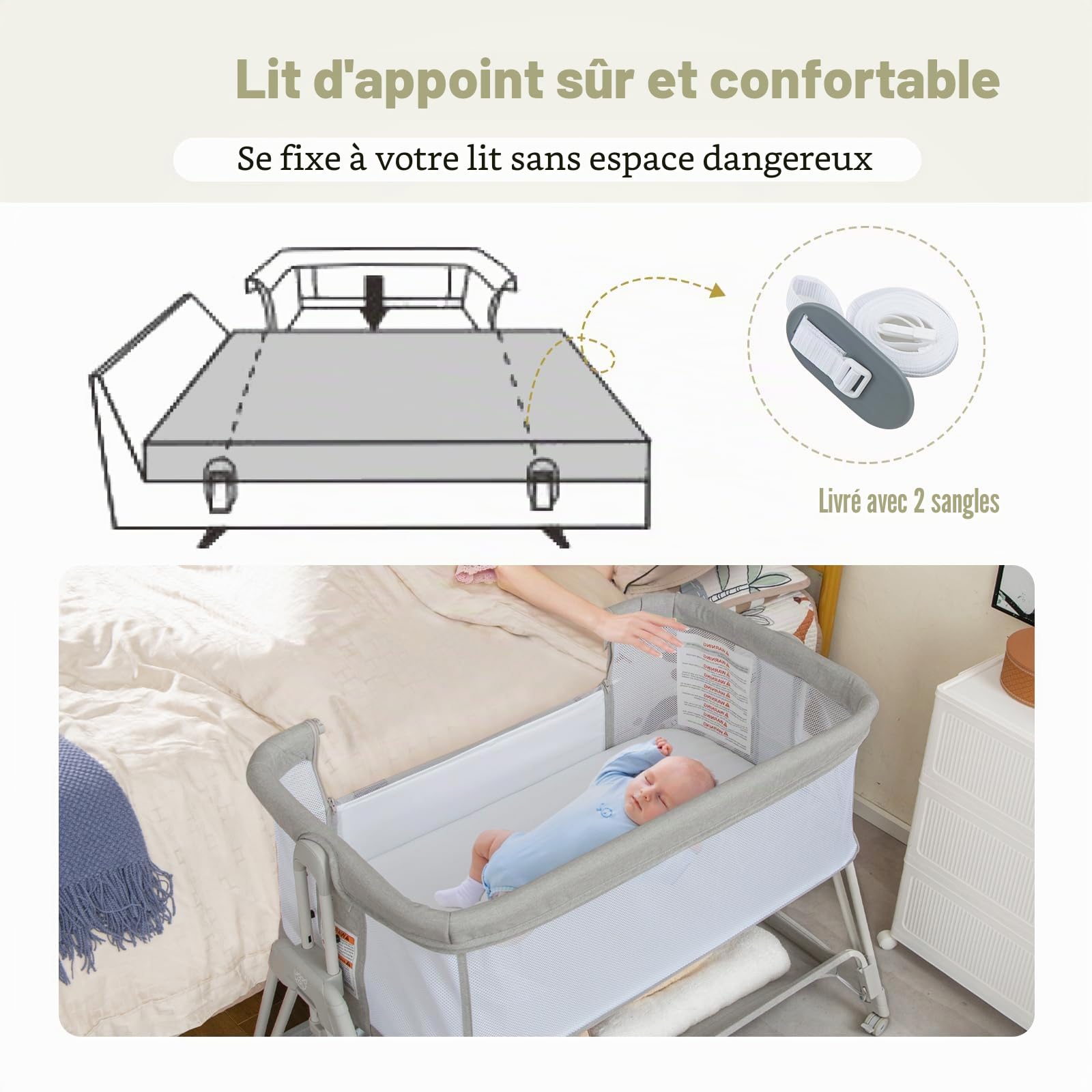 LIFEZEAL Lit Cododo Bébé Relevable 97x56x71,5-86,5 cm, Lit d’Appoint Bebe 0-6 Mois avec Matelas et Etagère, Lit Voyage Pliant avec Roues et Sac, Charge de 9 kg (Gris Clair)