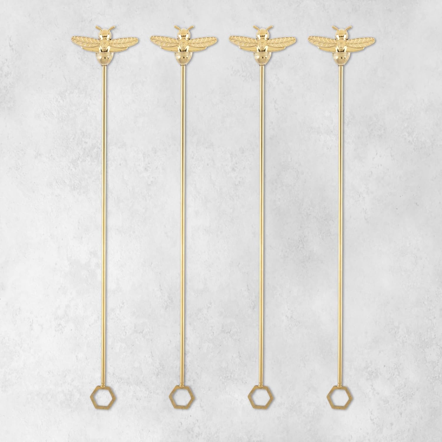 Twine Bee Stir Sticks, Gold Bumble Bee Swizzle Sticks, Stainless Steel Drink Stirrers, Gold Plated Cocktail Accessories, Highly Detailed, Set of 4