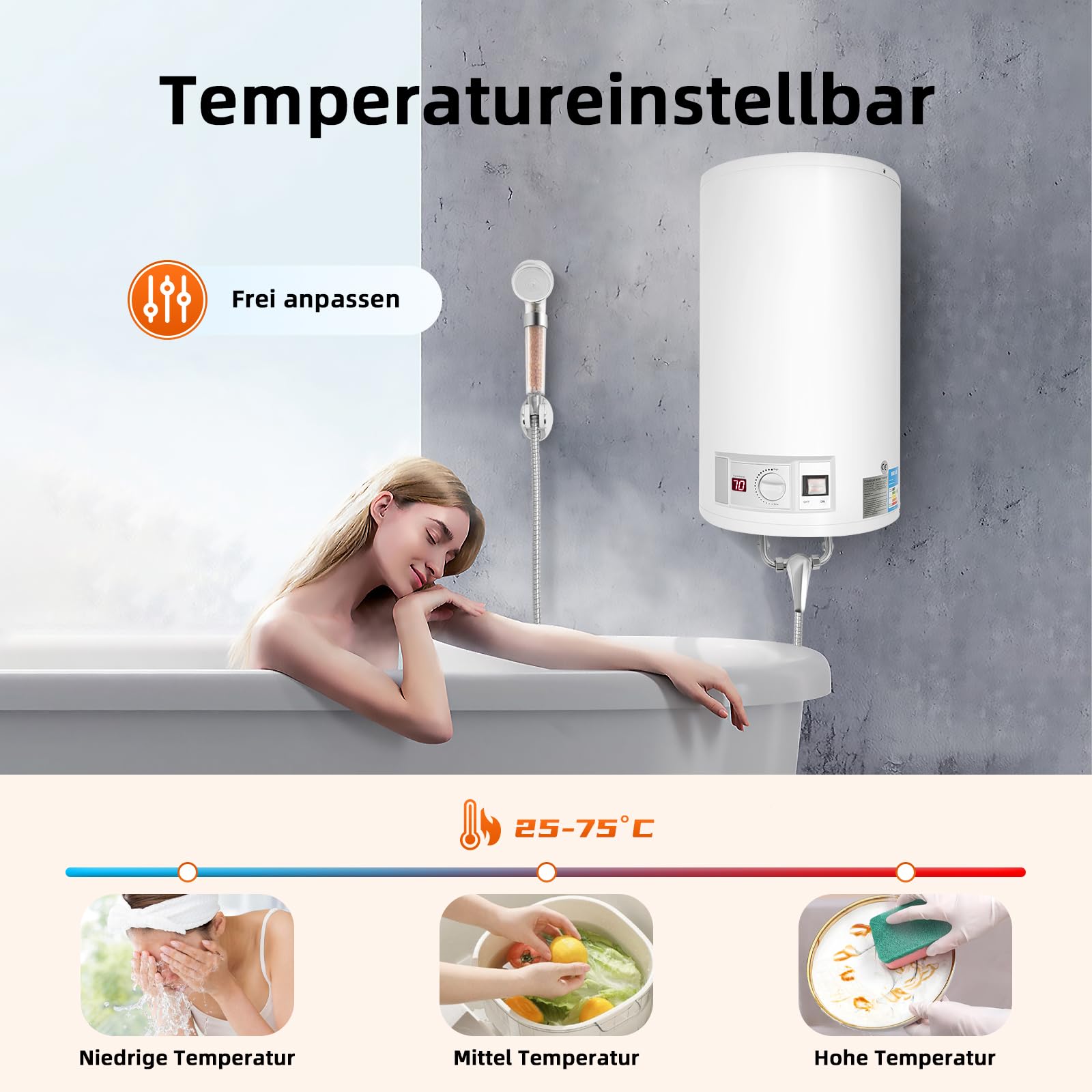 50 L, 220V Elektro Warmwasserspeicher, 2000W Wandbefestigung Horizontal Wasserboiler Dusche, IPX4, Heiztemperaturbereich 25-75℃, Elektrischer Edelstahl-Wasserhahn für Garten, Werkstatt, Camping & Co