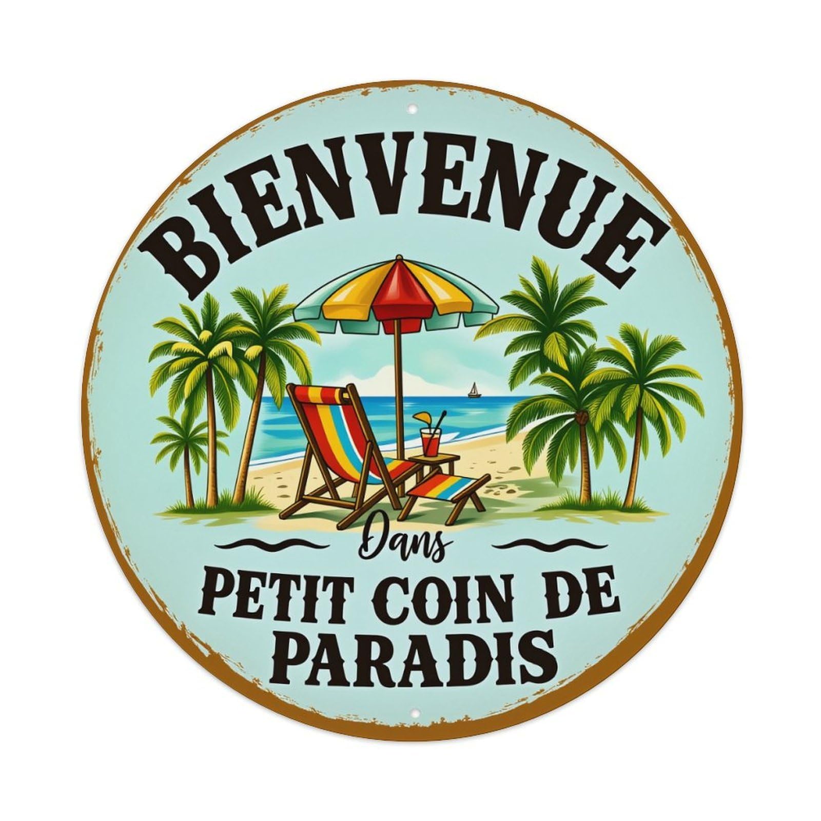 Beach Scene With Palm Trees And Umbrella Metal Tin Sign Vintage Garden Bedroom Cafe Bar Man Cave Home Wall Decor Metal Poster 8x8 inches