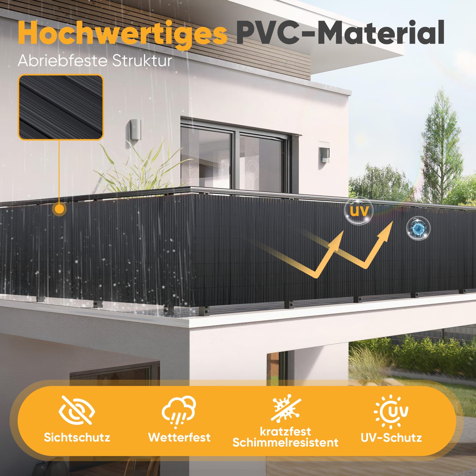 Sunula PVC Sichtschutzmatte Balkon Sichtschutz 90x300cm Doppelte Verstärkung Sichtschutzzaun Ohne Bohren mit Kabelbindern, Wasserdicht Windschutz Balkonabdeckung für Garten Terrasse, Anthrazit