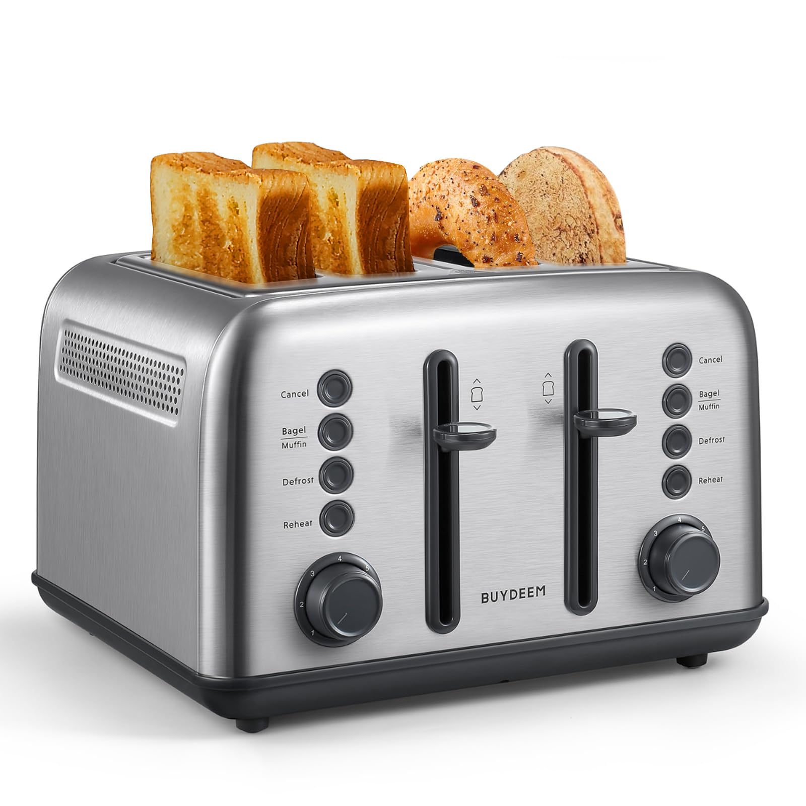 BUYDEEM DT640 4-Slice Toaster, Extra Wide Slots, Retro Stainless Steel with High Lift Lever, Bagel and Muffin Function, Removal Crumb Tray, 7-Shade Settings,Mellow Yellow: 4-Slice Retro Silver