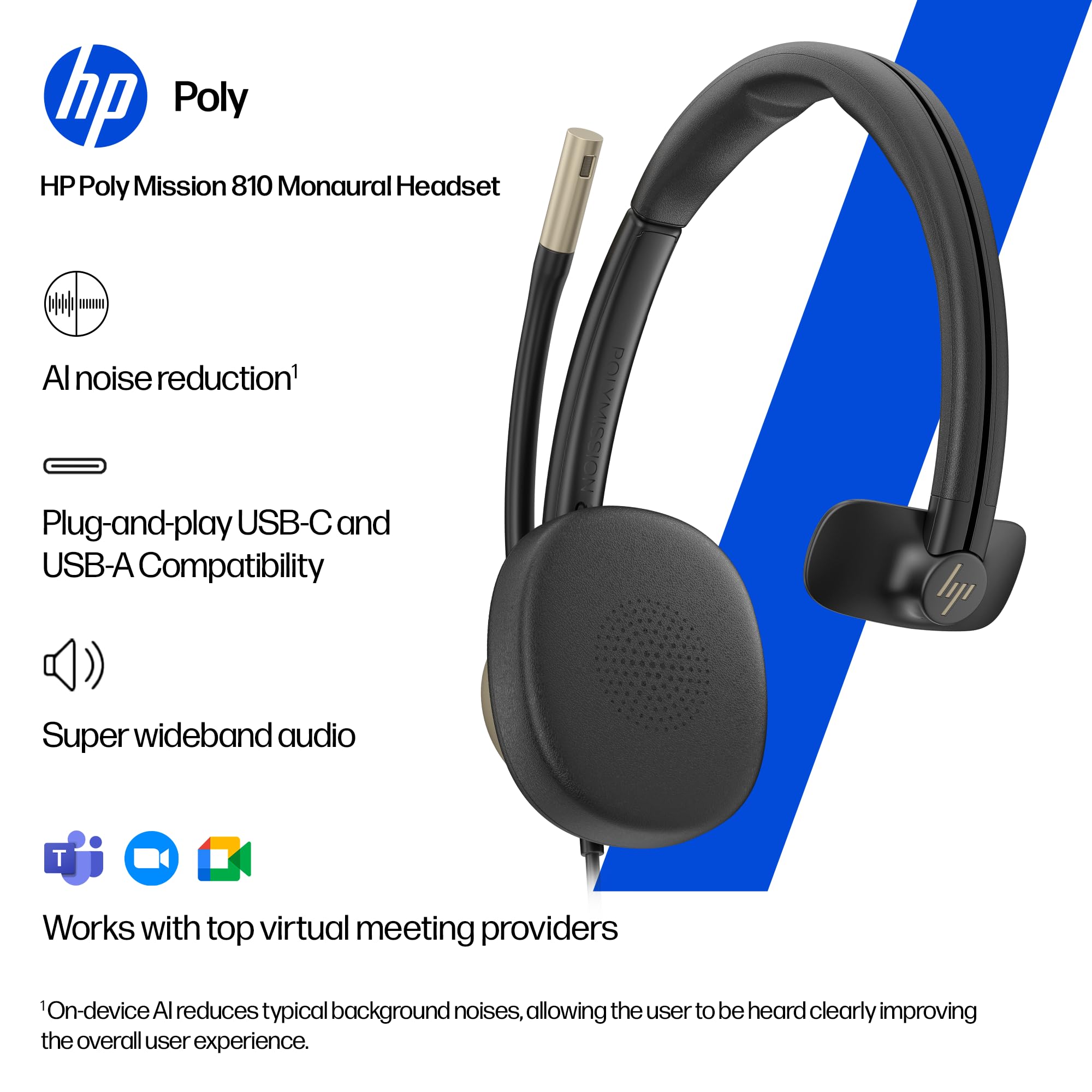 Zestaw słuchawkowy HP Poly Mission 810 USB-C Mono z aktywną redukcją szumów (ANC), izolacja od hałasu i koncentracja, mikrofon z redukcją szumów z SI, PC i Mac
