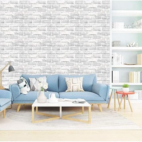 Miniatura 6 de Papel tapiz de ladrillo blanco y gris de 17.7 x 118 pulgadas, rollo autoadhesivo extraíble para decoración de sala de estar, dormitorio, pared