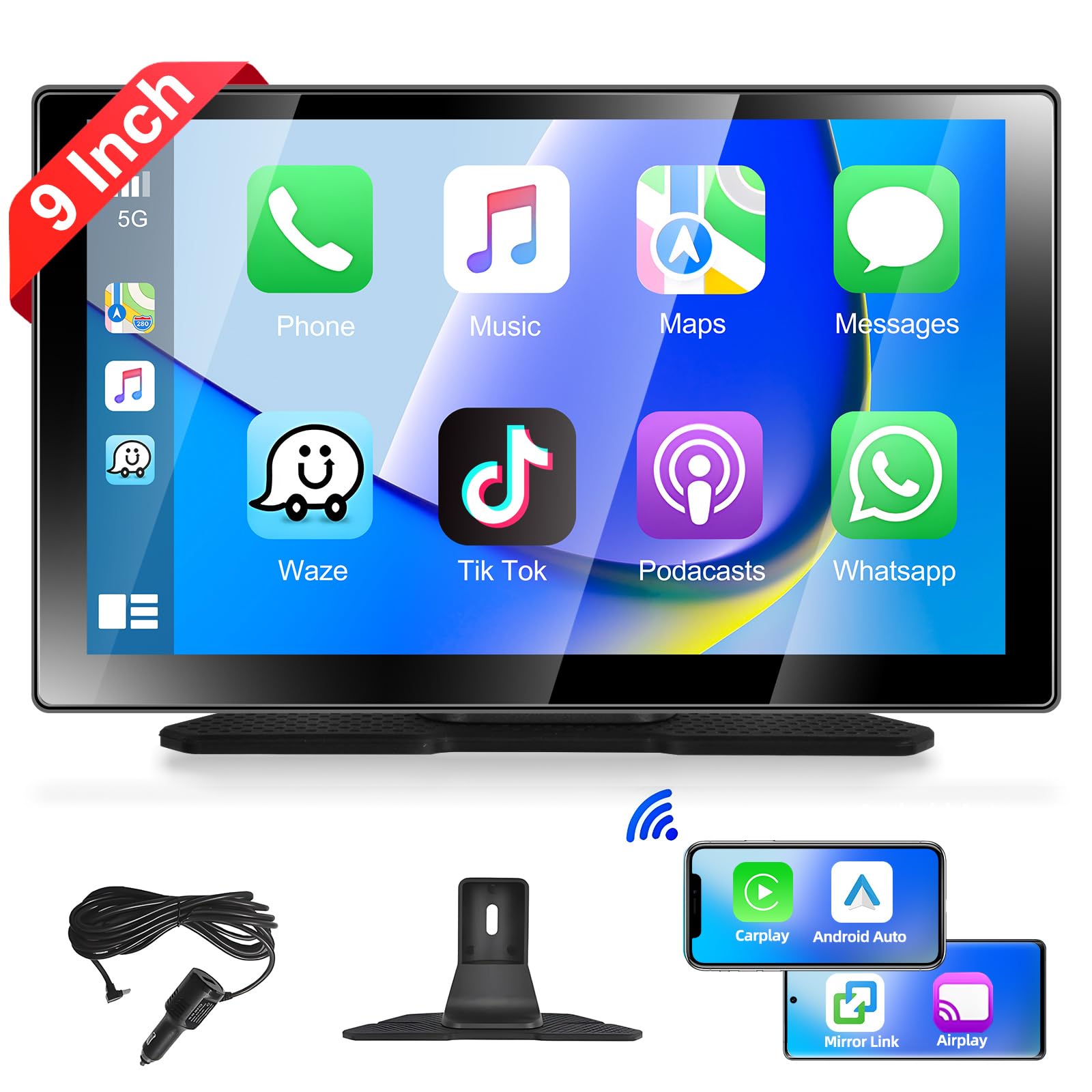 Autoradio Portatile con Touchscreen IPS da 9" di Grandi dimensioni con A-pple Carplay e Android Auto, Podofo Carplay con Trasmettitore Bluetooth/FM per Auto/SUV/Furgoni/Pick-up e Camion, 7V-32V