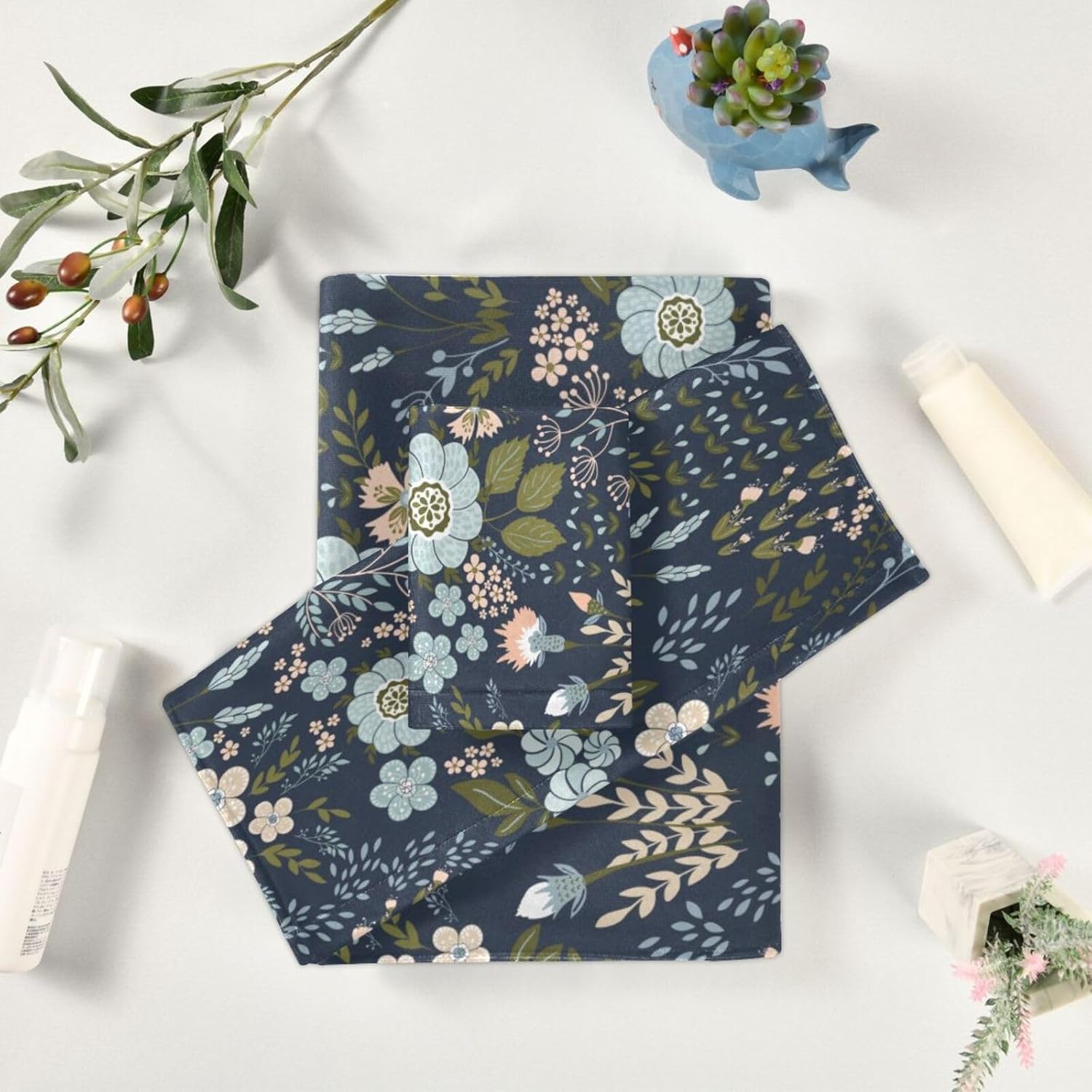 3 Pack Vintage Blue Green Floral Bath Towels Set,1 Bath Towel,1 Hand Towel,1 washcloth,Spring Garden Flower Leave Plant Decorative Bathroom Towels Set,Soft Quick Dry Towels for Guest,Shower