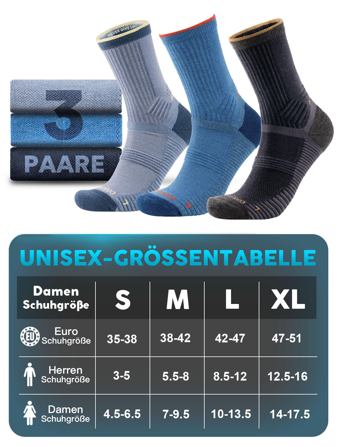 Juclise Wandersocken aus Merinowolle, nahtlos, Kompression, Feuchtigkeitstransport, Anti-Blasen, gepolstert, für Herren