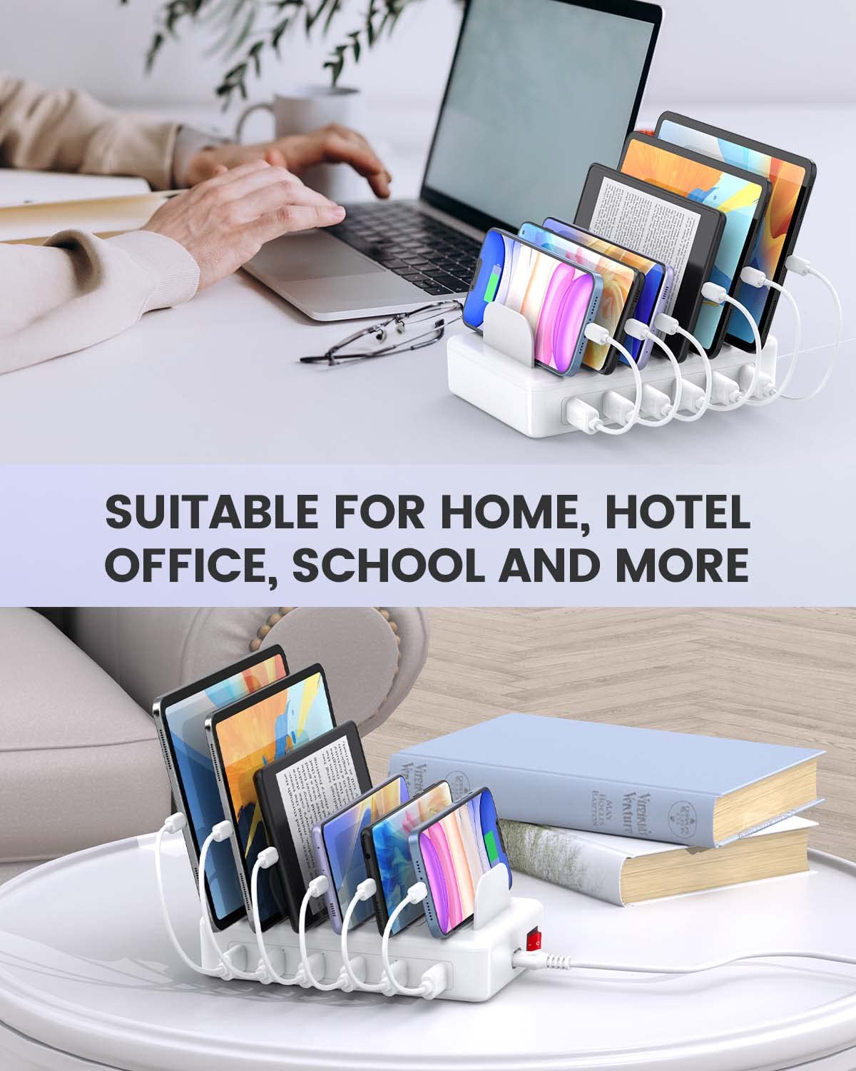 Ladestation für mehrere Geräte Apple, CREATIVE DESIGN 50W Multi Ladestation mit 6 USB Ports & 6 Kabel, Ladestation für Apple, Android Handy, iPad, Kindle, Tablet und andere elektronische