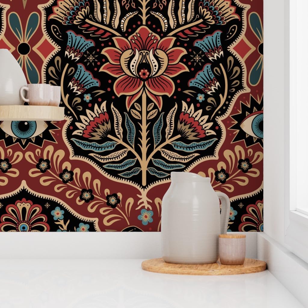 Spoonflower Peel & Stick Wallpaper 3ft x 2ft - Maximalist Folk Damask Mystical Eye Vintage Gold Red Blue Gothic Folklore Flowers Custom Removable Wallpaper