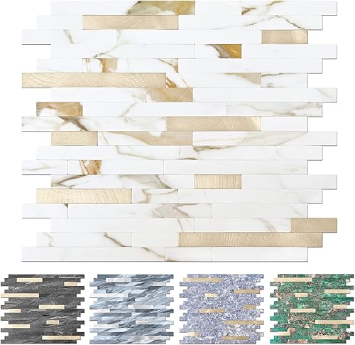 STICKGOO 10 hojas de azulejos para salpicaduras de cocina, baño, lavandería, chimenea, caravana, mármol calacata con metal dorado