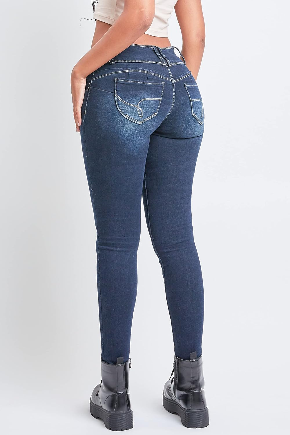 YMI Womens YMI Women's Junior Mid-Rise Wannabettabutt 3-Button Recycled Fibers Skinny Jeans - Image 2