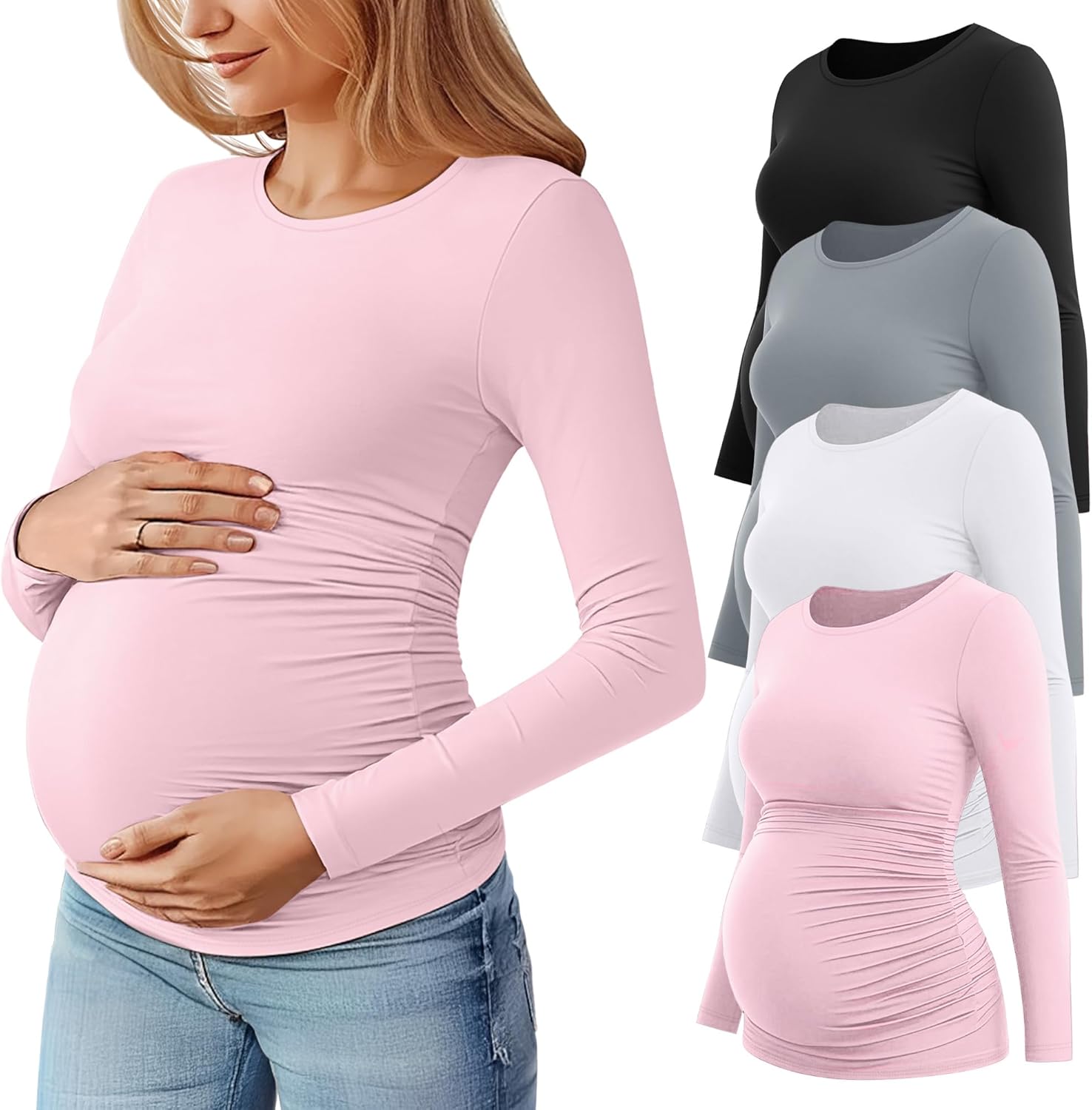 Huukeay 4 Pack Women's Maternity T Shirts, Long Sleeve Side Ruched Pregnancy Top Crew Neck Bodycon Shirts Casual Mama Clothes